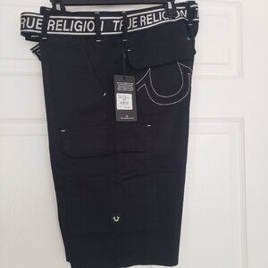 True Religion Belted Logo Cargo Shorts Flap Back Pockets Jet Black Size‎ 32 NWT